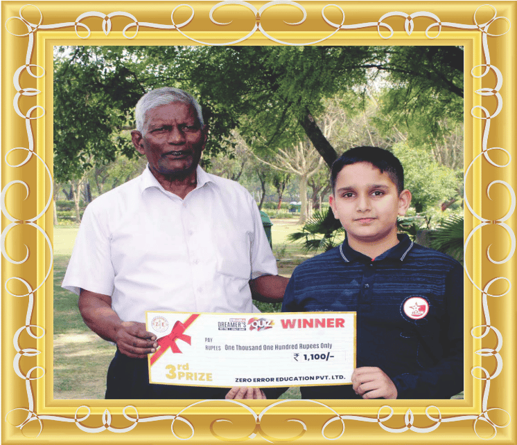 Dreamer’s Quiz Winner moment where a young participant is receiving a 3rd prize award of ₹1,100 from Zero Error Education Pvt. Ltd. It’s framed in a decorative gold border, making it visually suitable for inclusion in your portfolio.