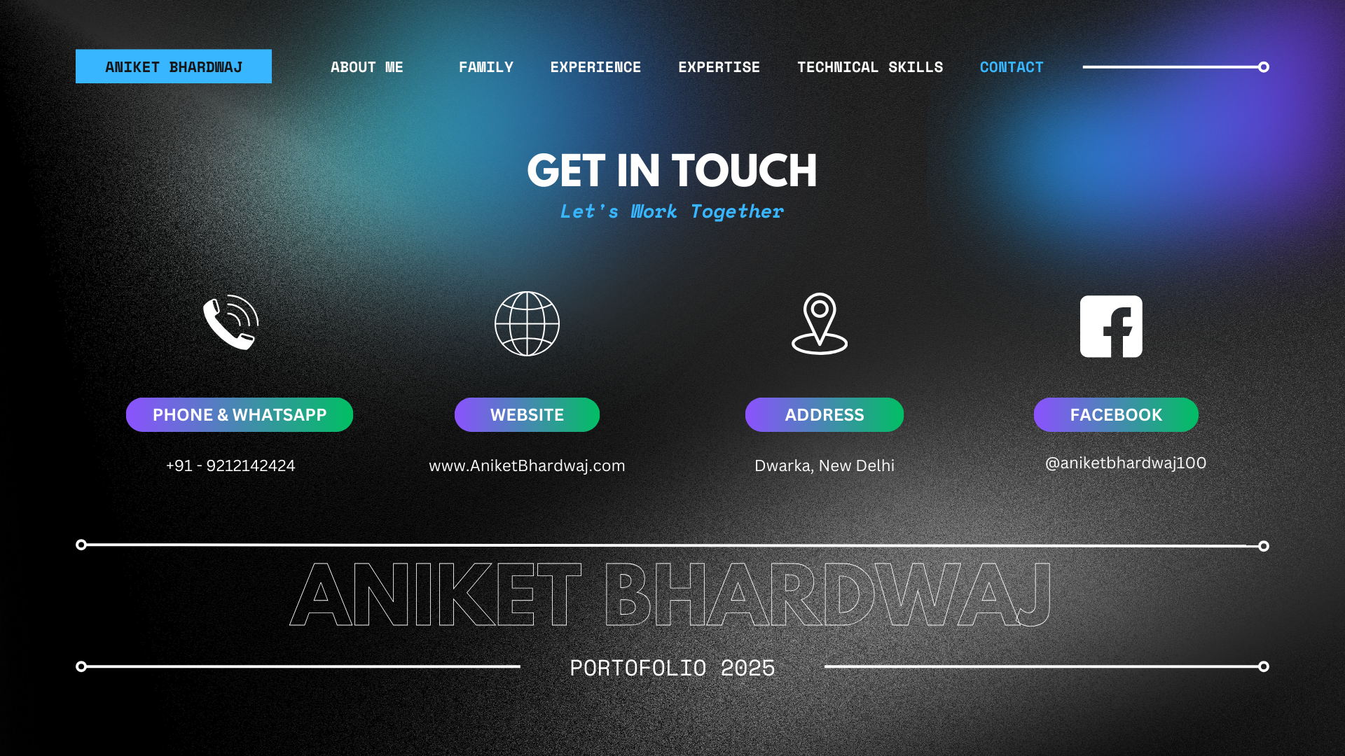 Get in Touch with Aniket Bhardwaj – Portfolio 2025. Contact Aniket Bhardwaj via Phone & WhatsApp at +91-9212142424, visit his website at www.AniketBhardwaj.com, or connect via Facebook (@aniketbhardwaj100). Located in Dwarka, New Delhi, Aniket Bhardwaj is an expert in technology, research, and innovation. This contact section provides easy access to his communication channels, making collaboration and professional networking seamless. Explore his portfolio to learn more about his expertise, experience, and technical skills. Whether for business partnerships, research projects, or professional inquiries, reach out and work together with Aniket Bhardwaj for future opportunities.