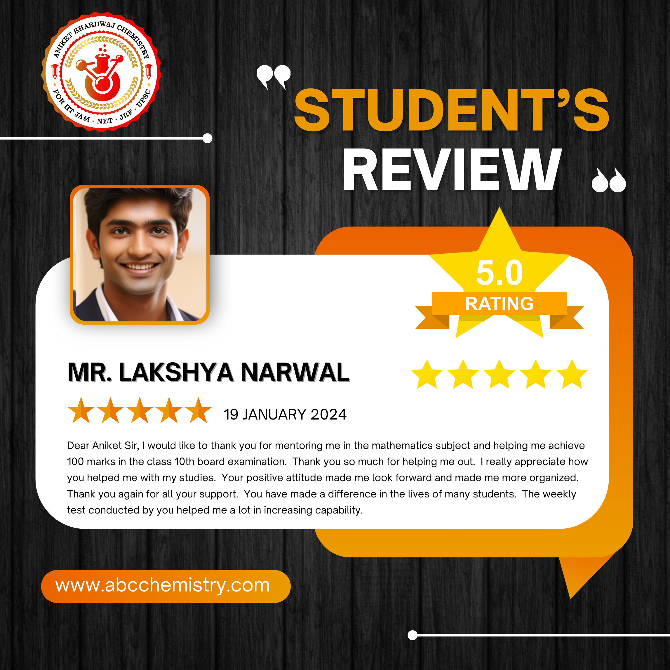 Lakshya Narwal – thanked for mentorship and achieving 100 marks in class 10 (Jan 2024).