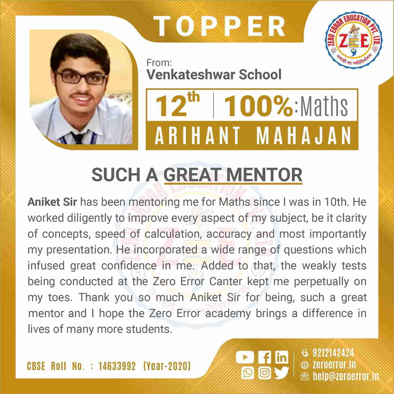 Poster celebrating a high school student named Arihant Mahajan, who scored 100% in math in 12th grade. The poster shows his photo, school name, and a thank-you message praising his mentor, Aniket Sir, for helping him with clear concepts, fast calculations, and confidence-building tests at ABC Chemistry